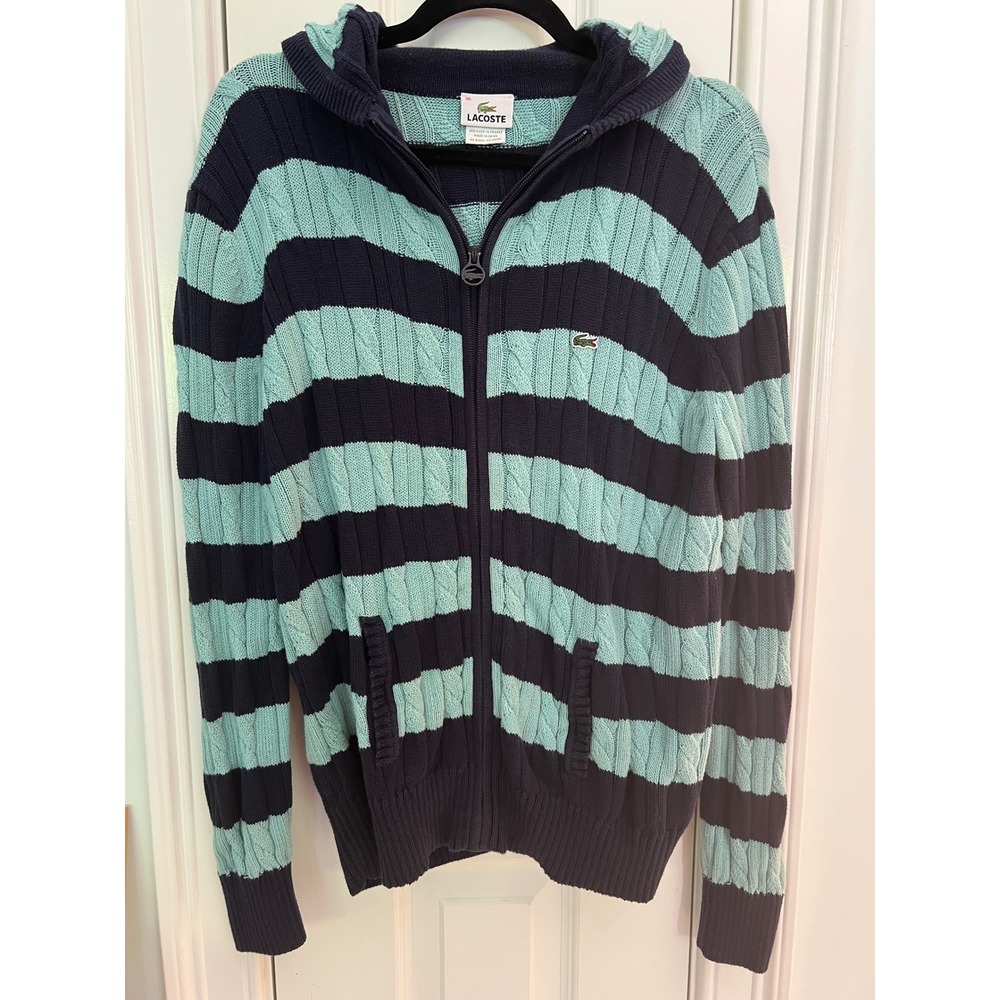Vintage Lacoste Striped Cable Knit Full Zip Hoodie Sweater Navy Teal Cotton 46